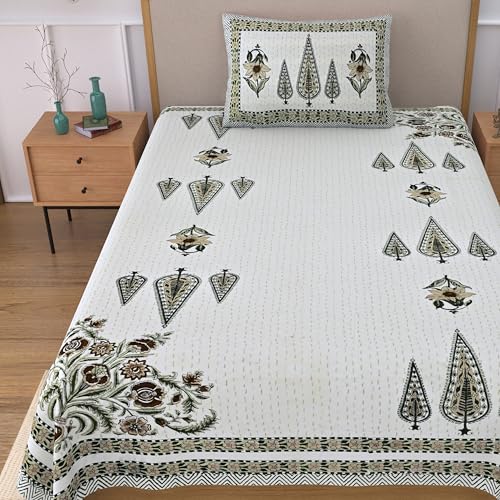 Image of 100% Cotton Single Bedsheet with 1 Pillow Cover | 240 TC Pure Cotton Flat Bed Sheet | Traditional Jaipuri Printed Bedding Set | Soft & Breathable | 60 x 90 Inch (Rangmahal Single 50)