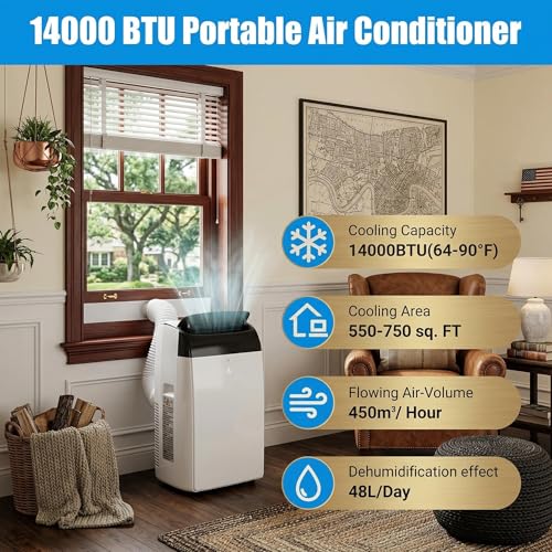 Image of 14,000BTU Portable Air Conditioner Dual Motor Technology, 3-in-1 AC Unit with Dehumidifier & Fan, Cools Rooms up to 550 Sq.Ft, Ultra Quiet 52dB Operation with Smart Sleep Mode, Remote Control, 24H Tim