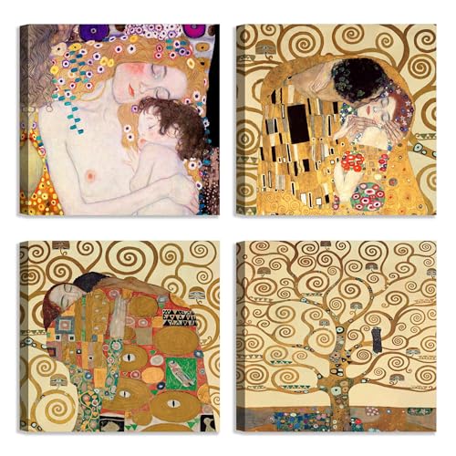 LuxHomeDecor Set di 4 Quadri 30x30 cm Stampa su Tela con Telaio in Legno Arte Decorativa e Simbolista Gustav Klimt per Soggiorno Camera da Letto Studio