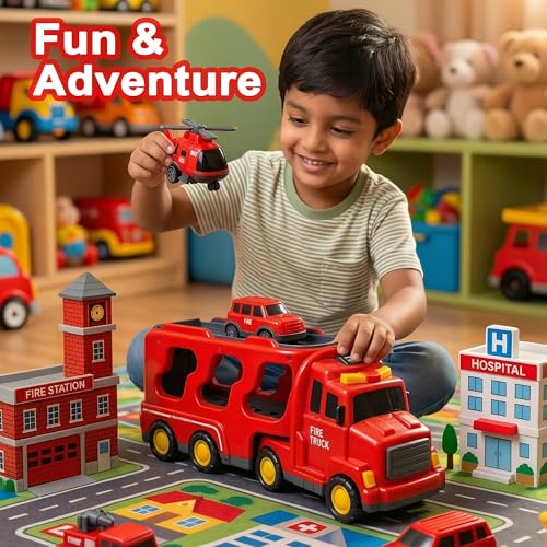 Image of Fire Truck Toy for Kids - 5 in 1 Emergency Rescue - Transport Carrier with Mini Fire Engine Cars, Lights & Sound - Educational Birthday Gift Vehicle for Boys & Girls Age 3+ Years - Red