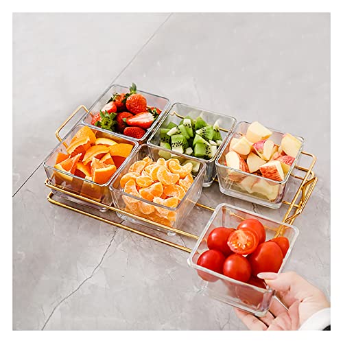 Xkxkke 6 Clear Glass Bowls Set With Gold Metal Rack, Condiment Dishes Serving Bowls Buffet Server Food Display Relish Tray For Fruit Dessert Appetizer Nuts Snacks Candy Chip Dip #TOP18