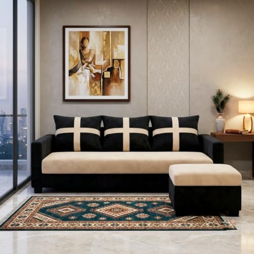 Image of Caviriq 4 Seater L Shape Sofa Set with Movable Ottoman | Flexible Left or Right Layout | Luxury Velvet Suede Fabric | Modern Living Room Sofa | Black-Cream