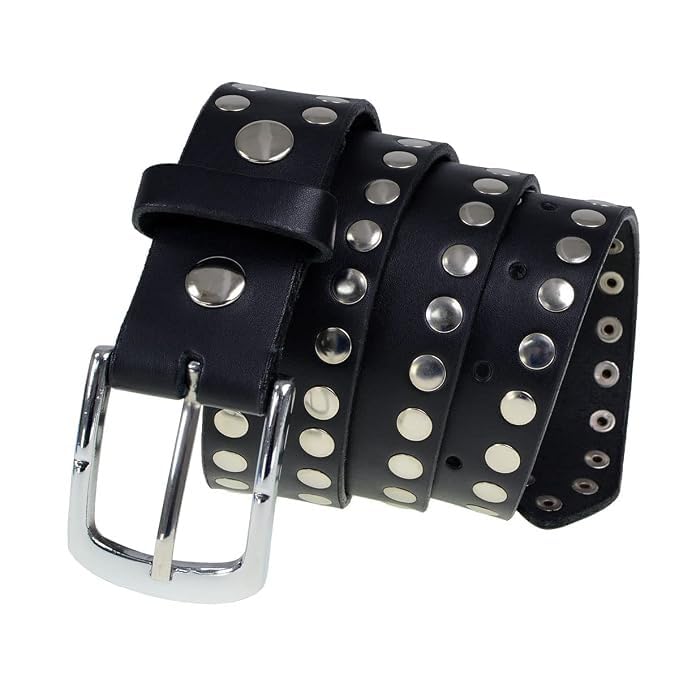 zf traders studded belt for men & women | black pu leather double row metal rivet grommet belt | punk goth y2k streetwear adjustable pin buckle belt for jeans casual party biker wear