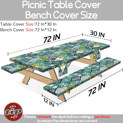 memkiya 6 Ft Picnic Table Cover with Bench Covers 72×30 Inch Waterproof Windproof Camping Tablecover Must Have Outside Gadgets Travel Trailers Kitchen Accessories for Rv Owners Green Ethnic Style