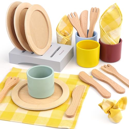 Image of Pillowhale Wooden Toy Plates and Dishes Set,Play Kitchen Cutlery and Plate Set,21Piece Kids Kitchen Playset Accessories for Toddlers Boys Girls Ages 3+