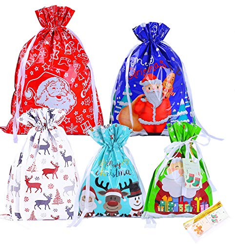 YAAVAAW 30 Pack Kerst Trekkoord Gift Bags Large (met 30 Twist Ties en 30 Tags) - Verschillende Gift Wrapping Tassen Kerst Present Tassen Kerst Goody Tassen voor Verjaardag Kerstfeest