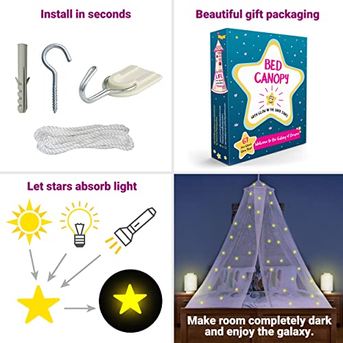 Image of Canopy for Girls Bed with 67 Pre-Glued Glow in the Dark Stars - Princess Mosquito Net Room Decor - Kids & Baby Bedroom Tent with Galaxy Lights - 1 Opening Canopy Bed & Hanging Kit Included