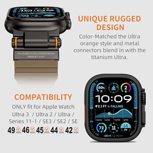 Image of FOAMUNOC Rugged Band Compatible with Apple Watch Ultra 3 /2 /1 Band 49mm /46mm /45mm /44mm /42mm, Metal Connector with Strap for iWatch Ultra Series 11 /10 /9 /8 /7 /6 /SE3 /SE2 /SE /5 /4 /3 /2 /1, Desert Tan /Black