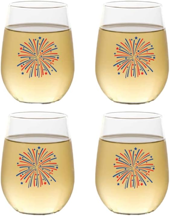Juego de 4 copas de vino sin tallo de plástico irrompibles de 16 oz (diseño festivo)