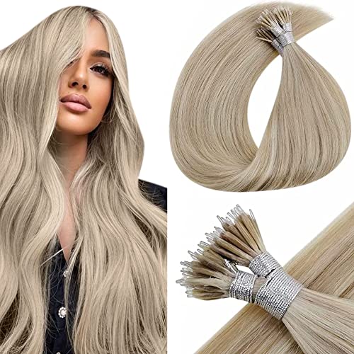 LaaVoo Blonde Nano Ring Hair Extensions Human Hair 22" 50g Nano Bead Extensions Real Hair Ash Blonde with Golden Blonde Highlight Nano Extensions Human Hair Straight 1g/1s 50 Grams