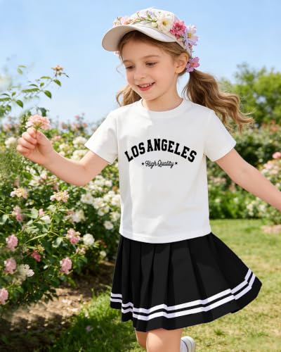 Image of Betusline Girls Skirt Set, Printed T-Shirt & Pleated Skirt, 4-14Y | Elastic waist pleated skirt with built-in shorts, anti-exposure design, pleats stay tidy after washes.