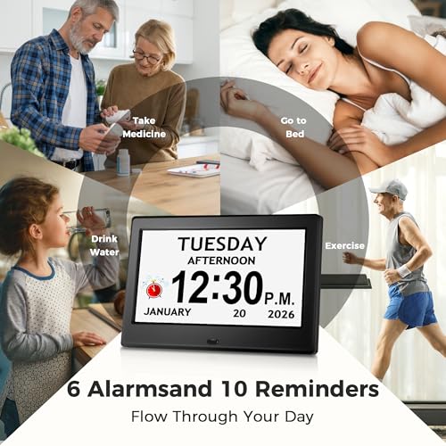 Image of Pastigio 7'' Digital Clock, Dementia Clock with Date and Time, 10 Reminders, 6 Alarms, Auto-Dimming, Auto DST, Remote Control, Large Display Alarm Clock for Seniors, Elderly Must Haves Gifts