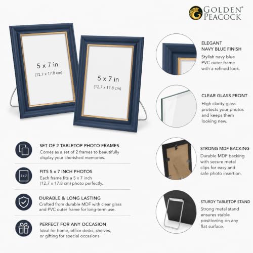 Image of GOLDEN PEACOCK 5x7 Inch Photo Frames Set of 2 - Dusk Blue & Gold