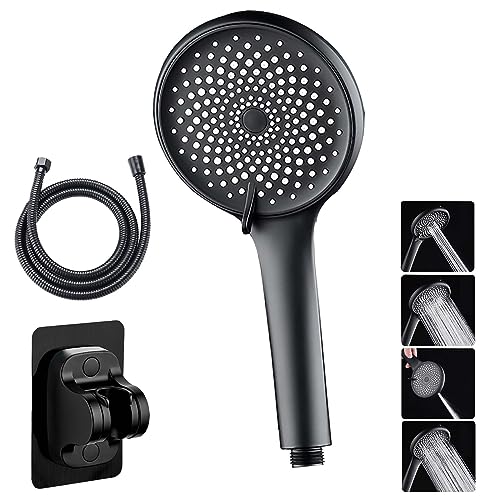 Shower Head with 4 Spray Functions, 120mm High Flow Hand Held Rain Showerhead, with 59 Inch Stainless Steel Hose and Wall Brackets, Tool-Less 1-Min Installation