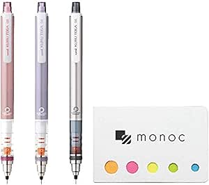 monoc Uni Kuru Toga Standard Model Auto Lead Rotation Mechanical Pencil 0.5 mm, Body Color(Baby Pink, Violet, Silver), 3-Pack Sticky Note(Japan Import)