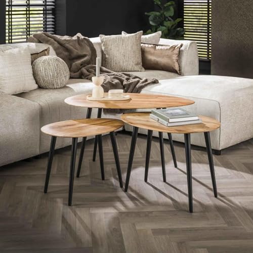RINGO-Living Couchtisch Set aus Akazienholz - Vintage Wohnzimmertisch 3er Set für Deine Couch - Beistelltisch mit Ablage für Dein Sofa - Holz Satztisch Oval für Dein Wohnzimmer & Schlafzimmer