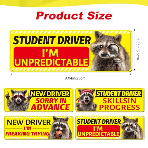 Image of Student Driver Sticker Magnet for Car - Cosmisun 4 Pcs Raccoon New Driver Magnet for Car Funny Animals Reflective Magnetic Vehicle Bumper Stickers Decal Safety Sign for Teens New Driver Learner