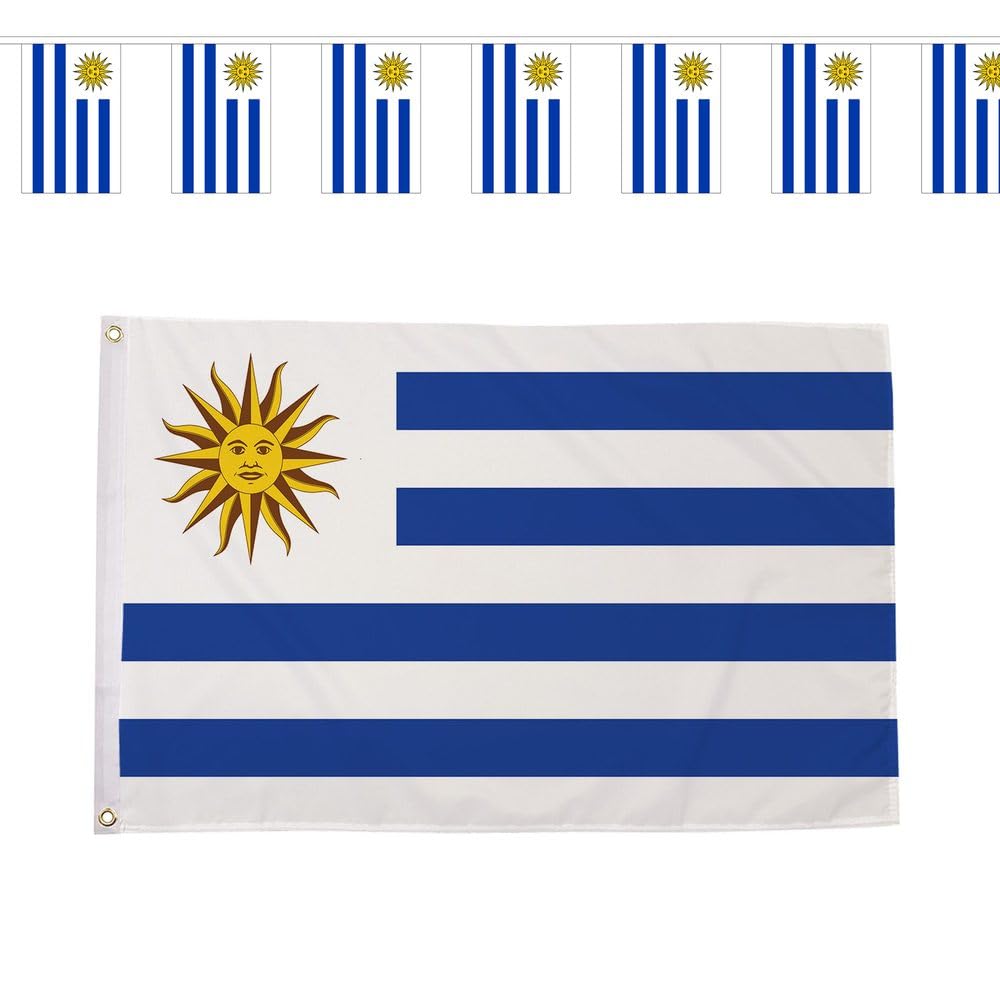 Flagtex Uruguay La Celeste World Cup 2026 Large Team Bundle Includes 8ft x 5ft Premium Polyester Flag and 9m Rectangle Bunting Football Fan Pack Indoor Outdoor Decoration