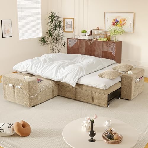 Image of Modular Sectional Sleeper Sofa with Pull Out Bed, 84 Inch L Shaped 5 Seat Couches for Living Room, Chenille Fabric Cloud Couch Bed with Storage & Reclining Backrest, USB Charging, Khaki