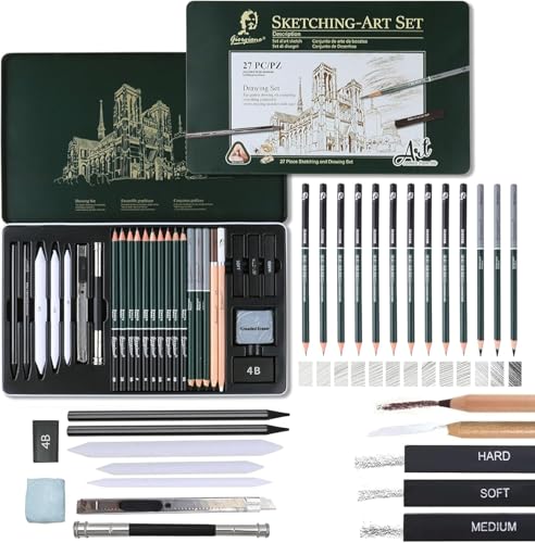 Image of PLUSPOINT 27 Piece Sketch Drawing Pencil Set for Artists, Professional Graphite Sketching & Shading Kit with B to 8B Pencils for Adults, Teens & Beginners