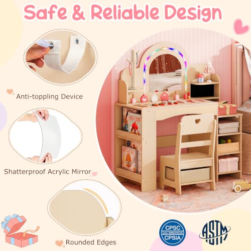 Image of Costzon Kids Vanity, Girls Vanity Set with Lighted Mirror, Bookshelf, Jewelry Storage, Toddler Makeup Vanity Desk Dressing Table, Wooden Kids Vanity Table and Chair Set (Natural)