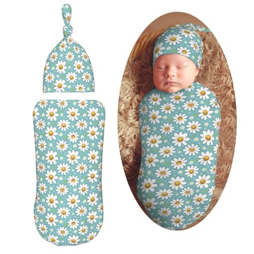 Image of Kawaii Happy Daisies Pattern Newborn Swaddle Blankets Hat Sets Soft Baby Receiving Blanket Swaddle Sack for Baby Shower Infant Boy Girl Gift