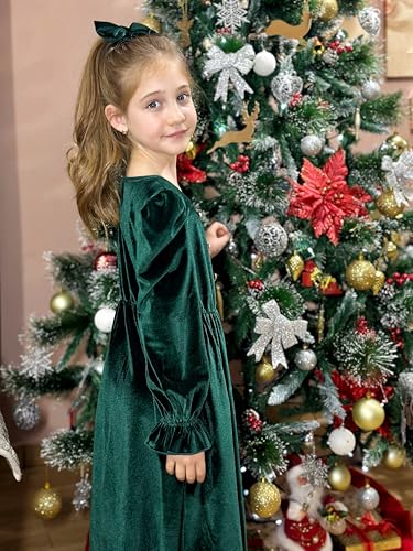Rolanko Girls Velvet Fall Dress Square Neck Puff Long Sleeve Christmas Party Dress Kids with Pockets 5-12 Y4