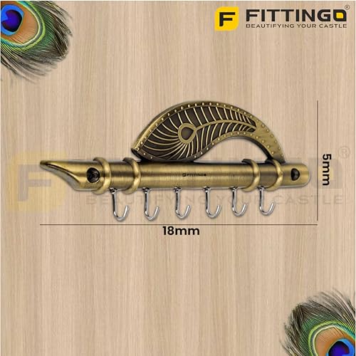 Image of Wall Key Holder Krishna Flute & Peacock Quills /Wall Key Hanging Stand /Keys Rack Hook, /Home Decor Gift Key Holder Hook for Keys /Stand /Hanger /Wall Mounted -6 Hooks -Brass Antique