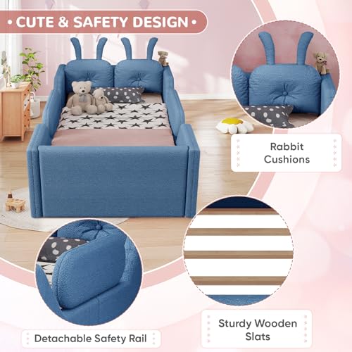 Image of Twin Size Kids Bed with Rabbit Cushions, Upholstered Boucle Fabric Platform Floor Twin Daybed with Removable Side Rail, Space-Saving Wooden Corner Sofa Couch Bed Frame for Girls, Boys, Teenager(Blue)