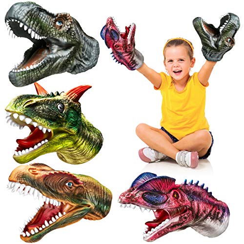 Geyiie Kids Puppets Toys, Dinosaur Hand Puppets Soft Rubber Realistic Dino Head Glove, Tyrannosaurus, Dilophosaurus, Rajasaurus, Carnosaur Puppet Toys for Kids Boys Girls, Party Favor Gift, 4 Pack