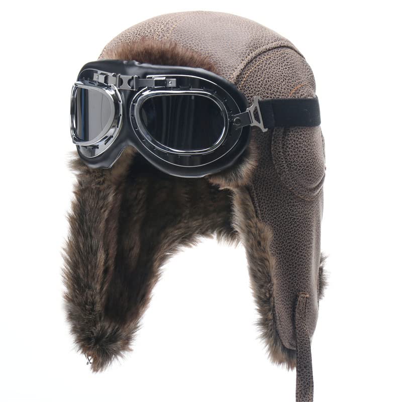 Cappello Invernale Cappello bomber invernale da uomo con occhiali da moto all'aperto, antivento, caldo, in pelliccia sintetica, cappello con paraorecchie, in pelle termica ( Color : Black , Size : One