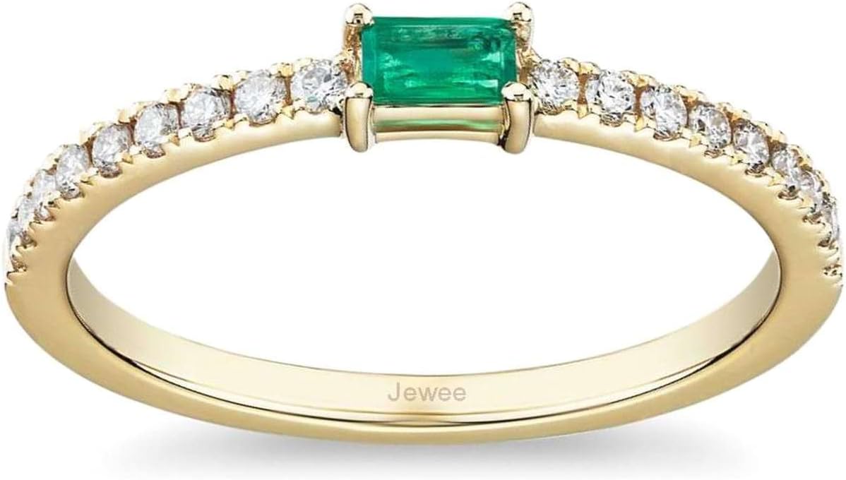 Baguette Gemstone Birthstone Ring - Ruby, Emerald, and More - Pave Setting Half Eternity Band - Wedding, Engagement, Promise, Birthstone Ring for Women