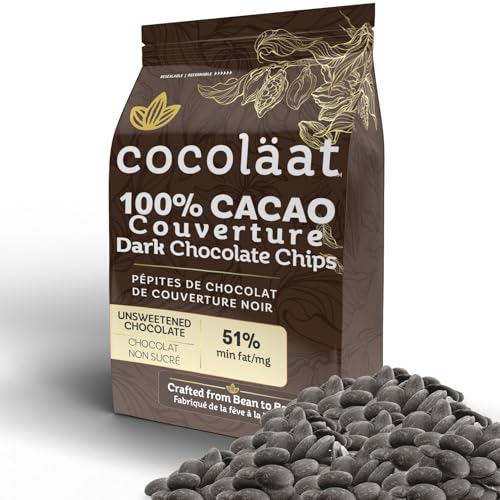 Cocoläat 100% Dark Chocolate Chips | Unsweetened Chocolate | 100% Cocoa Mass-51% Fat | Culinary Grade for Bakers, Pastry Chefs, & Chocolatiers | Gold Foil Resealable Pouch Perfect Holiday Gift | 2 lb