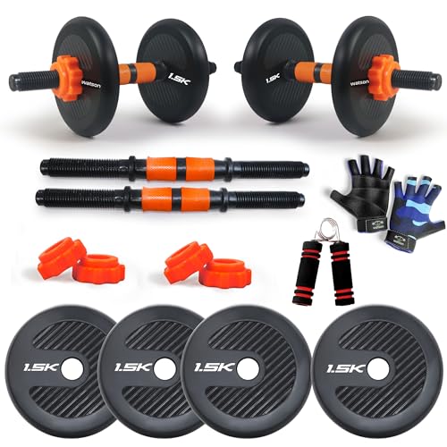 Image of WATSON Premium Rubber Dumbbell Set for Men & Women Fitness, Dumbbell Set with 6Kg (1.5Kgx4) Rubber Weight Plates, Hard PVC 14 inch Dumbbell Rods, Foam Gripper & Gym Gloves