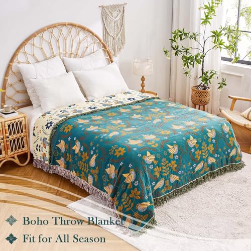 Image of XIBLC Boho Throw Blanket, 100% Cotton Ultra Soft Luxury Throw Rustic Quilt, 50 inchx60 inch Floral Printed Farmhouse Decor Bed Summer Blankets, All Season Reversible Bohemian Throw for Bed