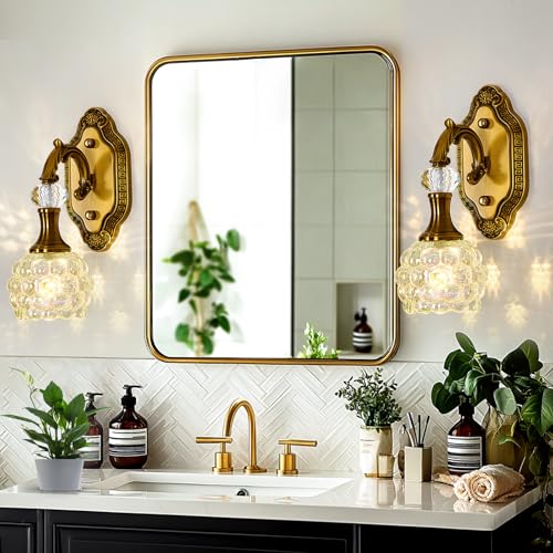 Image of Vintage Gold Wall Sconce 1-Light Glass Globe Vanity Light Antique Wall Light Fixtures Indoor for Bathroom Hallway Farmhouse Bedroom Living Room(Brushed Brass)