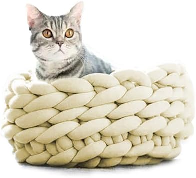Amazon Yazi スーパーチャンキーニット ペットベッド 手作り キャットベッド 可愛い厚毛糸ニット 100 コットン 寒さ対策 保温防寒 犬 猫兼用 冬 春用 洗える 直径35cm 直径45cm 全10タイプ 持ち便利 直径40cm ミルクホワイト Yazi ベッド ソファ 通販
