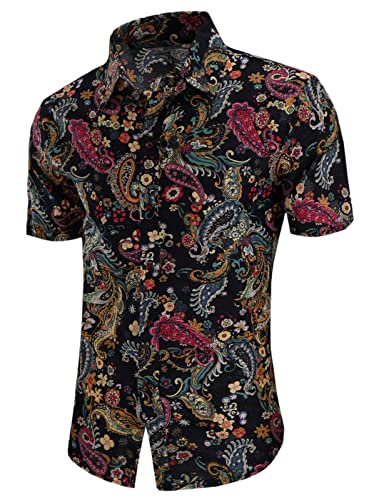 QZH.DUAO Mens 70s Disco Party Shirts Casual Paisley Button Down Shirt Vintage Floral Hawaiian Beach Short Sleeve Shirt