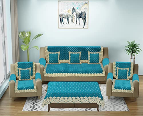 Image of Premium 5 Seater Printed Velvet Sofa Cover Set With Arm Covers & Cushion + Table Cover,3,1,1 Seater 16 Pcs Sofa Back Slip Panels,Premium Stylish Slip Cover Protector Sky Blue(Pack Of 18)