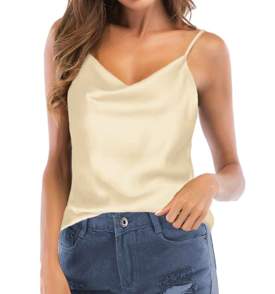 Women's Silk Satin Camisole Cowl Neck Tank Top Cami Silky Basic Tank Shirt Blouses Sleeveless