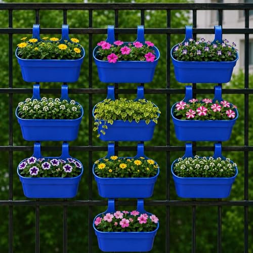 Image of Go Hooked 12 Inch Plastic Railing Hanging Planter Pot Set of 10 | Rectangular Flower Pots with Double Hook for Garden Fence Balcony Indoor Outdoor Home Decor | Durable Plant Container (Blue)