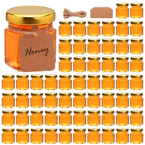 Encheng 60 Pack Small Glass Honey Jar with Lid 1.5 oz Mini Mason Jars for Party Favor Wedding Favor Baby Shower Hexagonal Honey Containers for Jam Spices Herbs Candy Sample Candle Crafts