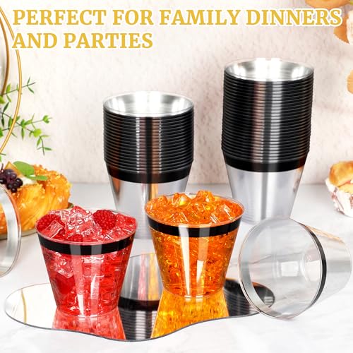 Image of 120 Pcs Black Plastic Cups,9Oz Black Rimmed Plastic Cups,Heavy Duty Clear Disposable Plasitc Cocktail Tumblers Wine Cup for Party,Wedding,Birthday,Christmas