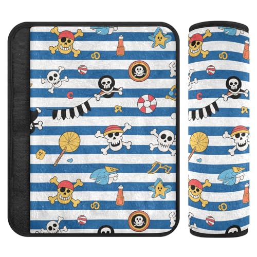 2 almohadillas de asiento de coche con diseño de calavera pirata costera a rayas azules y blancas para correas, libera el estrés en tu cuello y hombros, almohadillas para cinturón de seguridad para