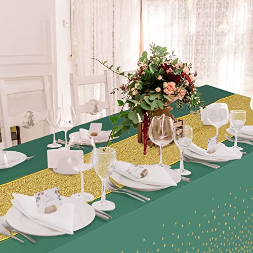 Image of Irenare 2 Pcs Green and Gold Tablecloth and Sequin Table Runner Set Polka Dots Confetti Table Cover Dining Plastic Tablecloths Glitter Decorations for Birthday Wedding Anniversary Party Supplies
