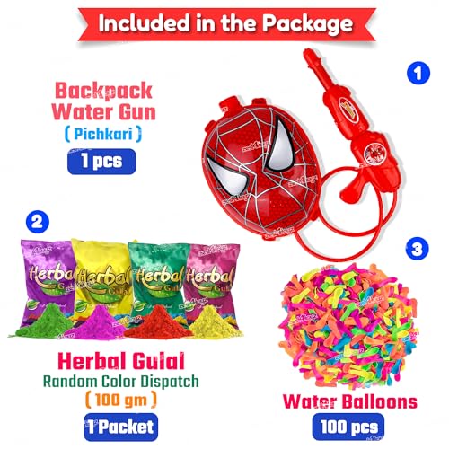 Image of Zest 4 Toyz Holi Pichkari Water Gun for Kids Back Holding Water Tank Spray Holi Combo with 1 Pkt Holi Color and 100 Balloons for Holi Celebration (Super Tank) - Red