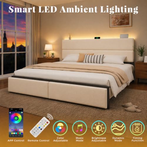 Image of Queen Bed Frame with 2 Storage Drawers, Light Beige Velvet Upholstered | Platform Bed with Charging Station, LED Headboard Lighting, Metal Support, Noise Free, No Box Spring Needed, Easy Assembly