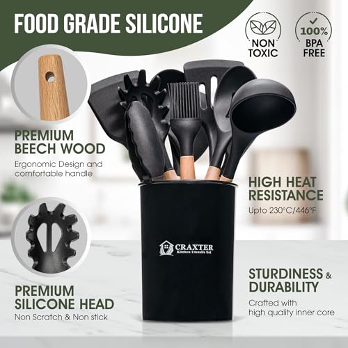Kitchen Utensils Set – 17 Pcs Silicone Cooking Utensils Set with Wooden Handles Heat Resistant, Non-Toxic Non-Stick Spatula Set with Measuring Spoons Black - Image 3