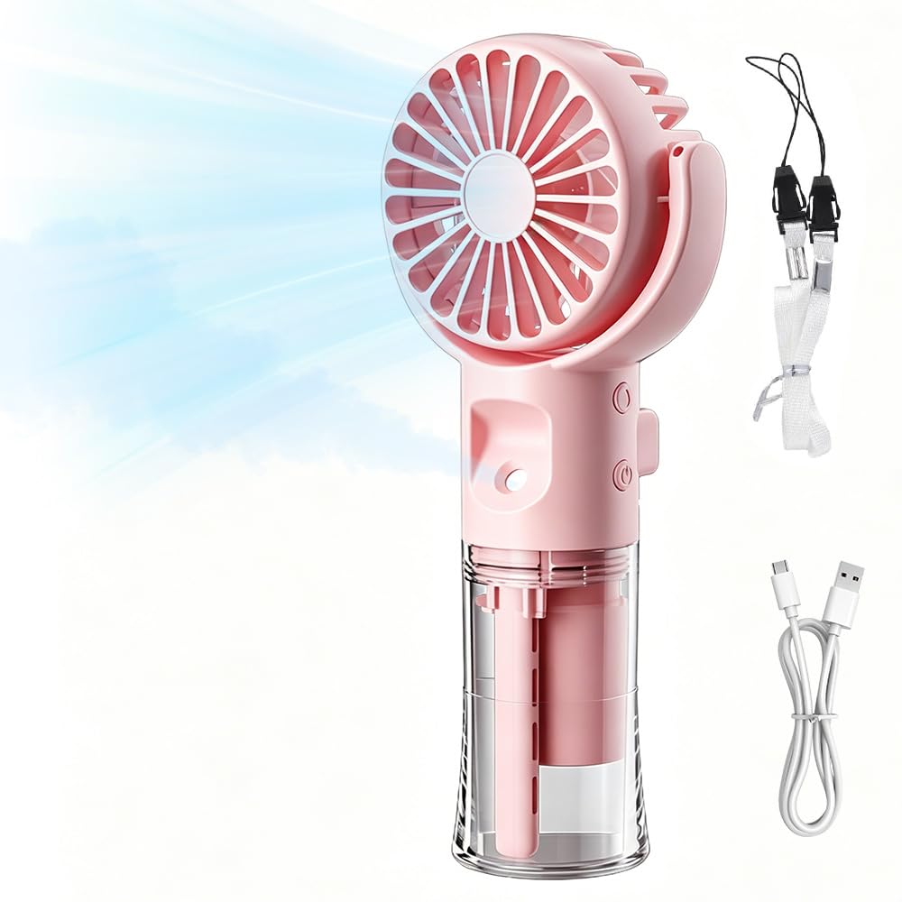 Mini Handheld Fan, Portable Misting Fan with Water Mist Spray - Ultra Quite, Lightweight USB Rechargeable Fan with 4 Speeds, Up to 10H, Outdoor Travel Essentials, HandFan for Travel Camping (Pink) — image 1