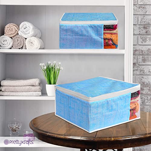 PrettyKrafts Set of 3 Foldable Saree Covers/Wardrobe Organizer With Transparent Window And Zip/Clothes Storage Bag For Women's Lehenga, Suit Saree & Other Accessories,(Size 40 x 33 x 19 CM),Jute Blue 5 51H3FwWwGrL